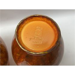 Two Pilkington's Royal Lancastrian vases of baluster form decorated in orange Vermillion, larges H27cm