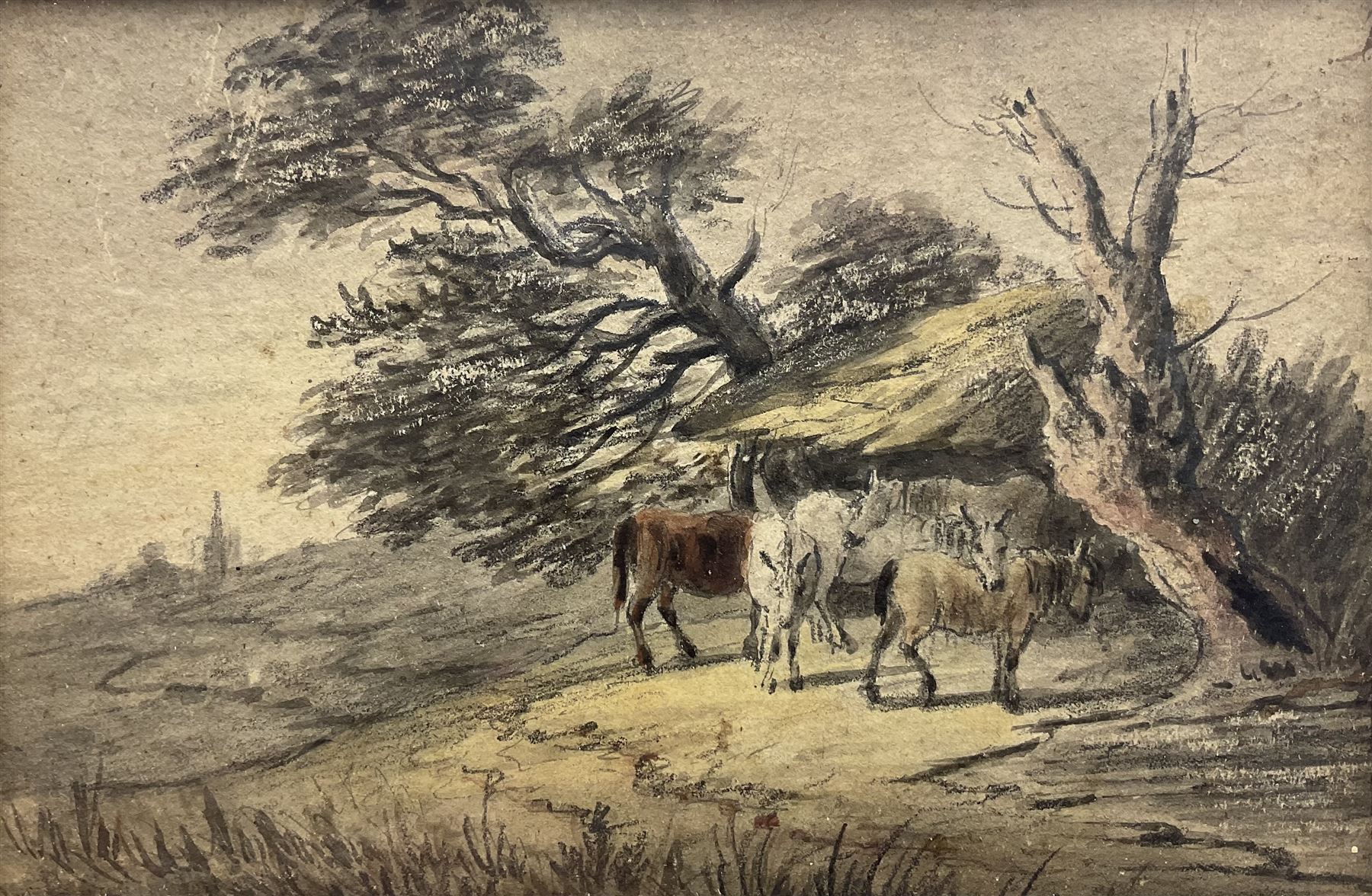 Manner of Thomas Gainsborough (British 1727-1788): Horses Resting in the Shade, watercolour unsigned, indistinctly inscribed verso 9cm x 14cm 
Notes: Compositionally very similar to another Gainsborough pastel, 'Wooded Landscape with Peasant Asleep and Horses outside a Shed' in the Tate. 