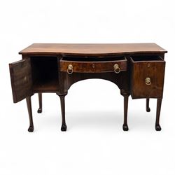 Late 19th-century mahogany bowfront sideboard, fitted with a central frieze drawer above a reeded apron drawer flanked by two deep cupboards, raised on cabriole legs with ball and claw feet