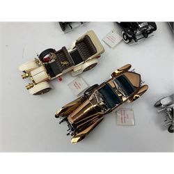 Eight Franklin Mint diecast models of cars, 1911 Rolls-Royce Tourer, The Rolls-Royce Corniche IV, The Mercedes Simplex, 1955 Rolls-Royce Silver Cloud, 1921 Rolls-Royce Silver Ghost, 1907 Rolls-Royce Silver ghost,1929 Rolls-Royce Phantom I,  and 1930 V-16 452 Cadillac Imperial Sedan, all with original tags attached