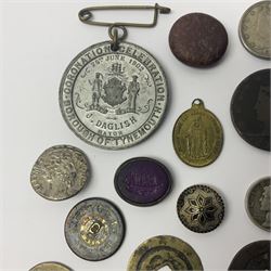 Coins, tokens, paranumismatic and miscellaneous items, including United States of America 1850 one cent, 1877 one dime, 1884 five cents, 1926 Liberty dime etc, Queen Victoria New Brunswick 1843 one penny token, East India Company 1845 half anna, Chinese cash coins, Grand Lodge of Maryland November 16th 1886 Centennial Session medallion etc