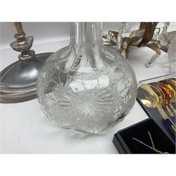 Two silver plate candelabras, together with two glass decanters, necklace and other collectables 