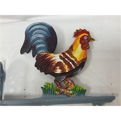 Painted cast iron wall hanging welcome sign with cockerel decoration, H46cm
