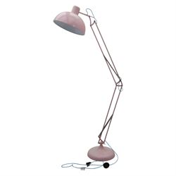 Contemporary pink floor lamp, in the manner of Anglepoise, counter balance sprung arm, blue cord with a weighted base 