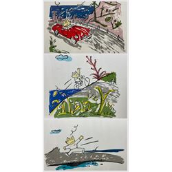 Javier Mariscal (Spanish 1950-): Cobi in Barcelona, set of three limited edition serigraphs embossed with signature and numbered 568, 500 and 581/700 in pencil max 50cm x 60cm 
Notes: Commissioned by SEAT in 1989 on the occasion of the Barcelona 1992 Olympic Games.