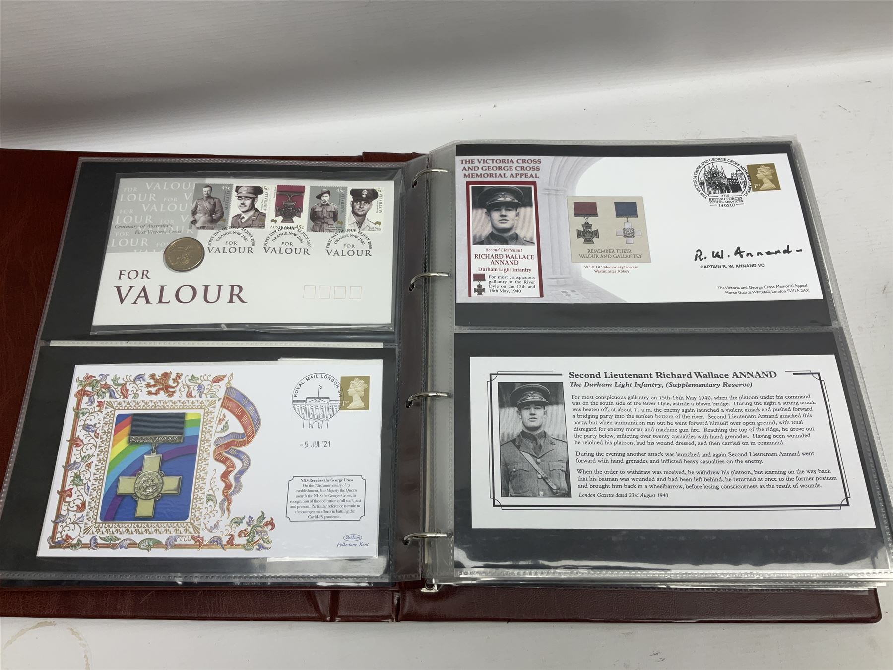 Album containing over seventy Victoria Cross and George Cross related First Day Covers, Medal Covers, Coin Covers, PHQ cards and postcards, Presentation Packs etc; some bearing signatures of the recipient.