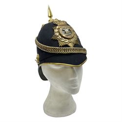 Late Victorian North Staffordshire Regiment Officer's Home Service Blue Cloth Helmet, having incorrect other ranks gilt metal Queen's crown helmet plate to the front with later leather backing, removable spike to the top on a shaped cruciform base with rosette fittings, rosette side bosses, brass trim to the front peak, and leather and velvet backed chin scales, with leather sweat band, the interior with makers stamp for Hawkes & Co 14 Piccadilly London