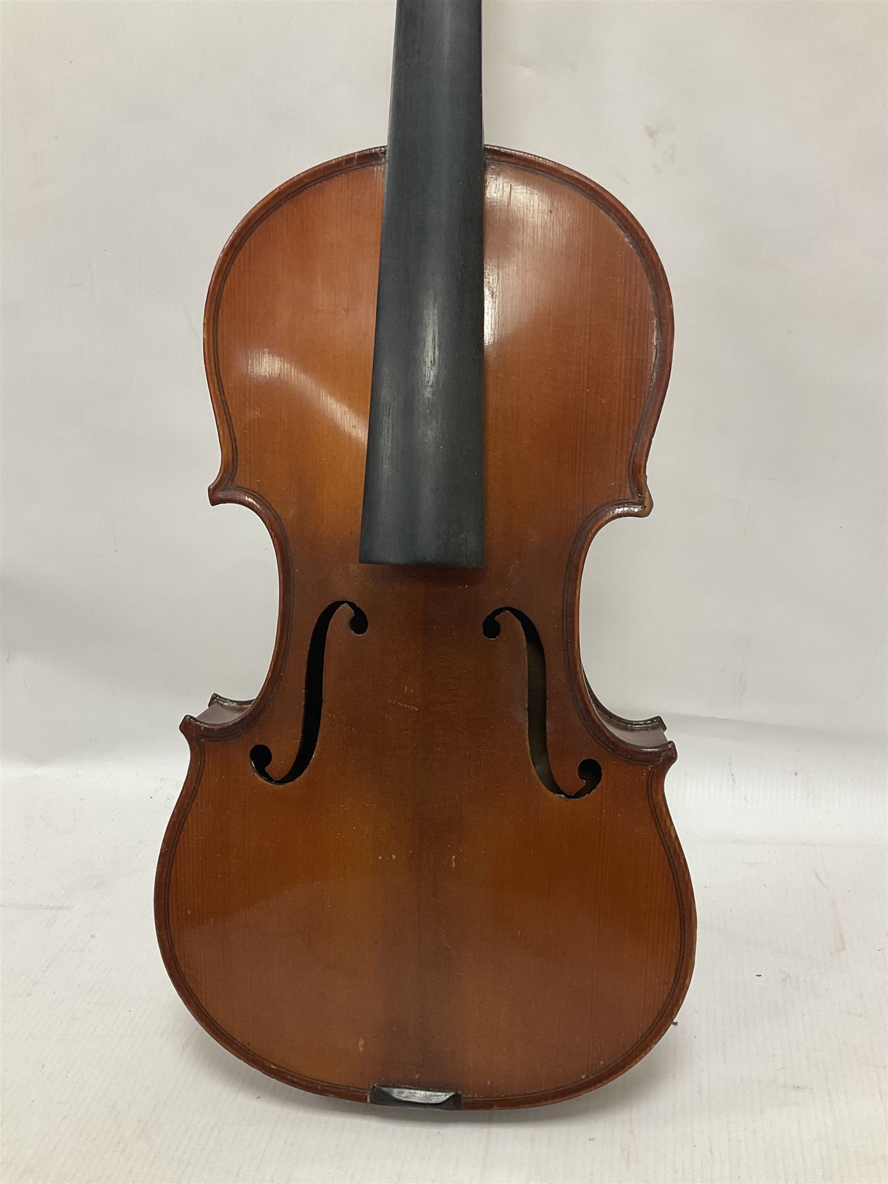 Four violins 1/8th size; half size with Nicolas Bertholini label; three-quarter size with Stradivarius copy label; and full size with Marquis De L'Air label (4)