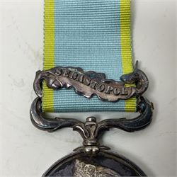 Victoria Crimea Medal with Sebastopol clasp awarded to G. Chammings H.M.S. Valorous; and a Turkish Crimea Medal, marked La Crimea 1855; both with later ribbons but original ribbons included (2)