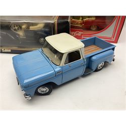 Seven 1:18 scale die-cast models by Ertl, Road legends, Maisto, Solido etc including two Coca Cola promotional vehicles; five boxed (7)