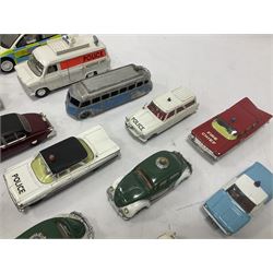Corgi/Dinky - twenty-four unboxed and playworn die-cast models, predominantly emergency vehicles and buses; including Autocar Isobloc, Superior Criterion Ambulance, Ford Transit Police Vans, Chevrolet Impalas, Minissima, Ausin Mini Police van etc (24)