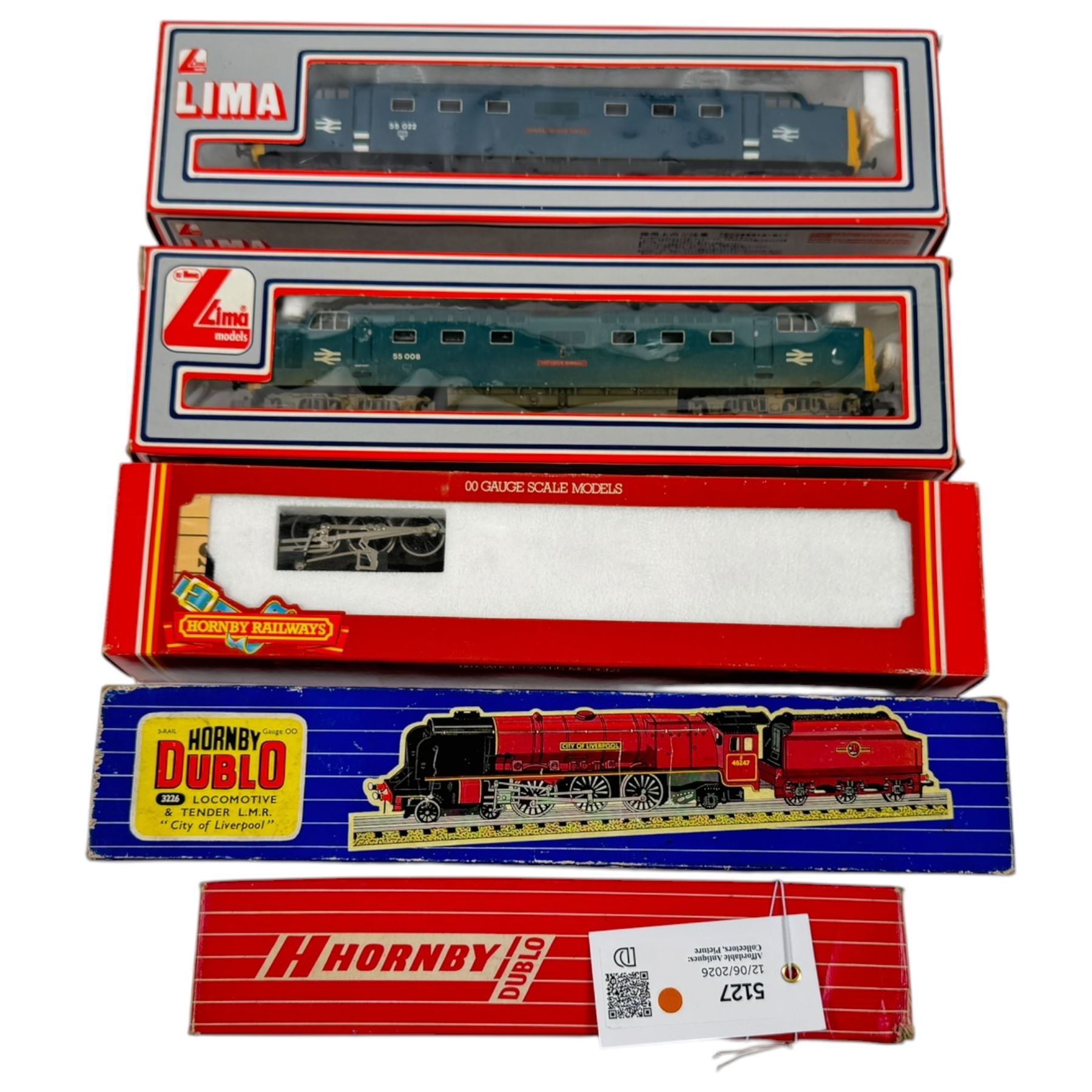 Four 00 gauge locomotives, comprising Lima 5105M Class 55 diesel  locomotive 'The Green Howard', Lima 205106 Class 55 diesel locomotive 'Royal Scots Grey', Hornby R330 Evening Star NRM Special steam locomotive and Hornby Dublo no. 3226 'City of Liverpool' locomotive and tender, together with a Hornby Dublo no. 4070 Restaurant Car, all boxed (5)