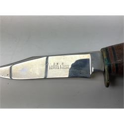 Graduated set of three Bowie knives by J. Nowill & Sons Sheffield England Est. AD1700, each with steel blade, brass cross-piece, stacked leather type grip and alloy pommel; largest blade 13cm and smallest 7.5cm; each in leather sheath (3)