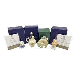 Two Royal Worcester candle snuffers from the connoisseur collection, comprising of Baby and Toby, together with Minton Fawn on Ivory Polar Bear and one other, all with original boxes 