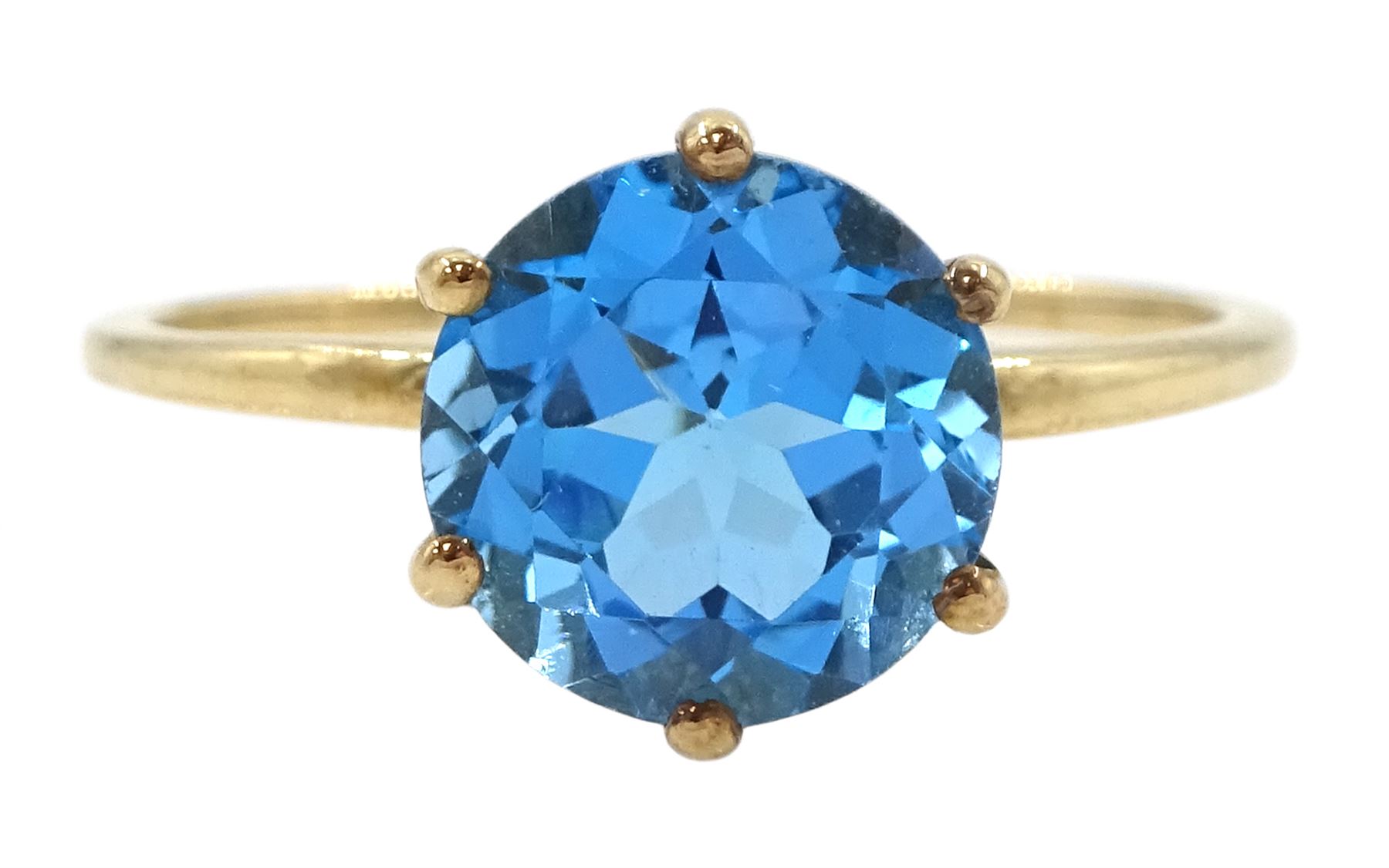 9ct gold single stone round cut Swiss blue topaz ring, hallmarked, topaz approx 3.45 carat