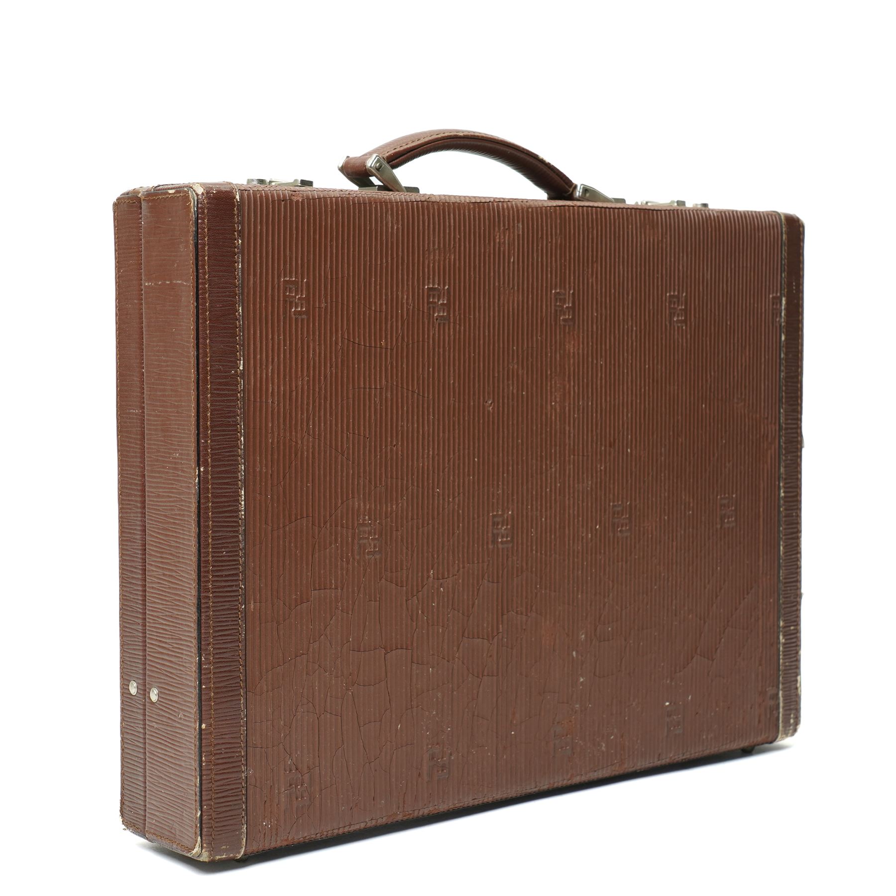 Fendi structured briefcase, brown FF monogram embossed leather with linear texture and single rolled leather top handle, silver-tone hardware, the hinged frame secured by two central push-lock clasps and supplied with two keys stamped CGV, the interior lined in black cross-grain leather with document compartments and metal plaque stamped FENDI S.A.S. ROMA MADE IN ITALY, W42cm D32cm H8cm