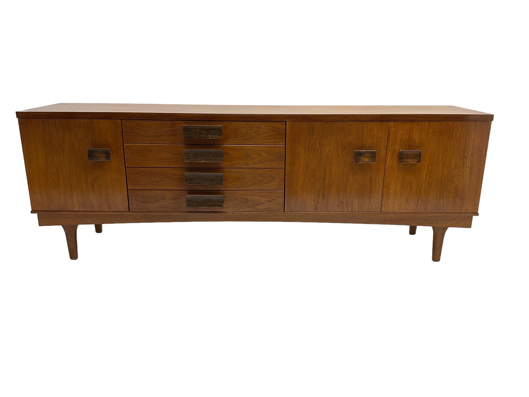 Bath Cabinet Makers BCM - mid-20th century teak sideboard fitted with four drawers and three cupboards with curved handles on tapering supports