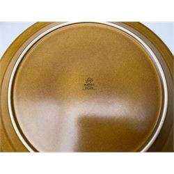 Hornsea Pottery Saffron pattern dinner and tea ware, comprising two lidded vegetable dishes, oval platter, nine dinner plates, six side plates, seven tea plates, covered tea caddy, covered coffee caddy, coffee pot, large jug, small jug, eight cups and seven saucers (45).  