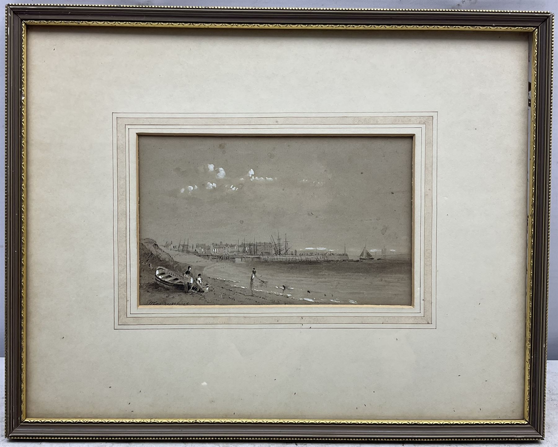 John Wilson Carmichael (British 1799-1868): Bridlington Harbour from the South, monochrome watercolour highlighted in white signed 12.5cm x 20cm 
Provenance: private East Yorkshire collection
