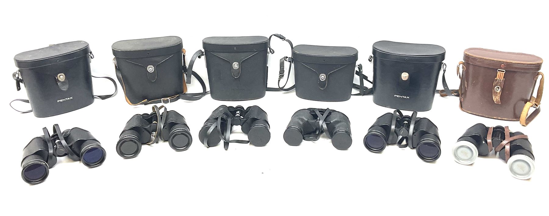 Six cased pairs of Pentax binoculars, comprising 10x50 Field, no. 604, Asahi 7x50, Asahi 10x50, Asahi 8x40, Asahi 16x50,  Asahi 10x50 No. 62611