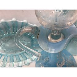 Collection of victorian and later blue vaseline glass, to include footed bowls, jugs, vases, tumblers, baskets, candle sticks etc 