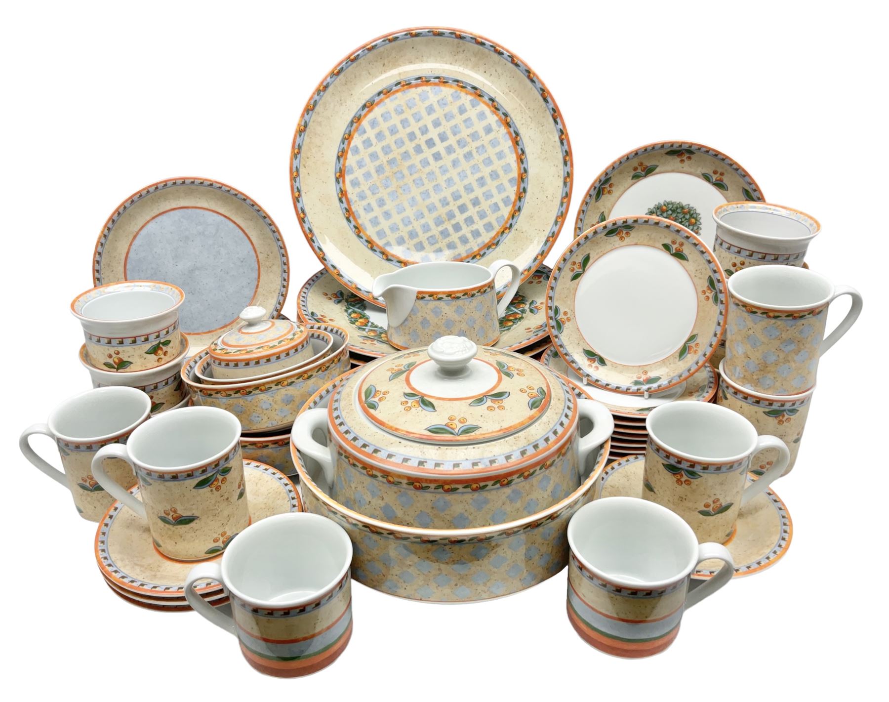 Villeroy & Boch Gallo design Switch 4 Naranja & Nazare pattern tea and dinner wares, to include seven dinner plates, twin handled lidded tureen, five mugs, four saucers, jug, lidded sucrier, large bowl,  seven ramekins, various side plates, two bowls etc