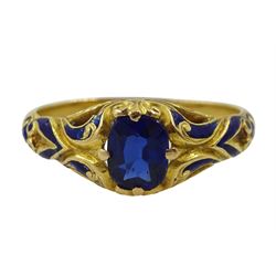 19th/early20th century Continental 18ct gold synthetic sapphire ring, with blue enamel shoulders