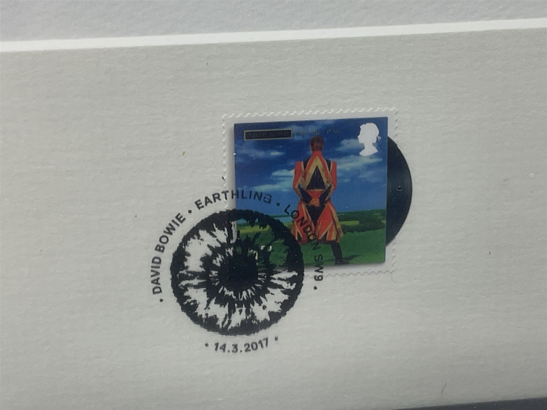 Set of three Royal Mail David Bowie limited edition album stamp prints, comprising Aladdin Sane, Blackstar and Earthling, all framed and in original packaging, H43cm W43cm