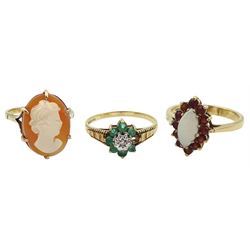 Gold opal and garnet cluster ring, gold emerald and diamond cluster ring and a gold cameo ring, all hallmarked 9ct