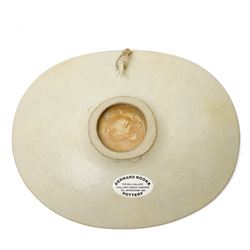 Bernard Rooke (1938-) - Studio pottery dish of shaped oval form with a raised pattern of lily pads and frogs W29cm with Bernard Rooke paper label and purchased from The Mill Gallery, Swilland, Ipswich and inscribed 'B R'