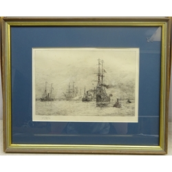 William Lionel Wyllie (British 1851-1931): 'The Last Journey' - HMS Natal leaving Portsmouth Harbour with the body of US Ambassador Whitelaw Reid, drypoint etching signed in pencil 18cm x 27cm