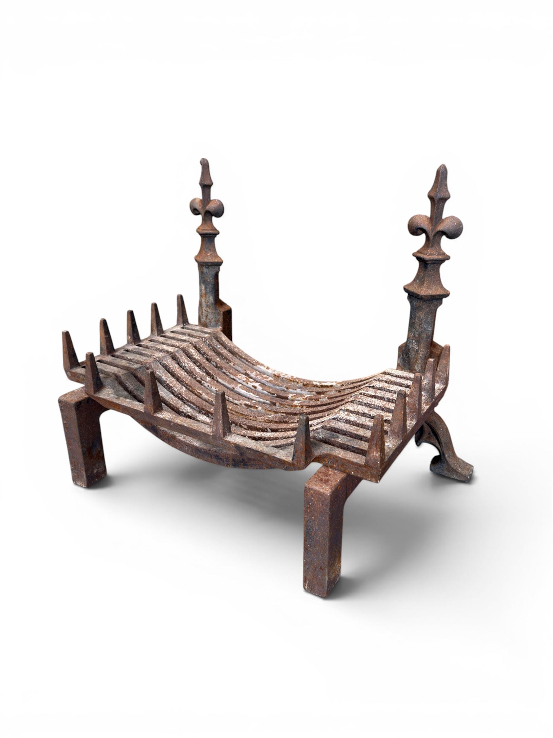 Victorian design cast iron fire grate with fire dogs, final over floral moulding and trefoil base