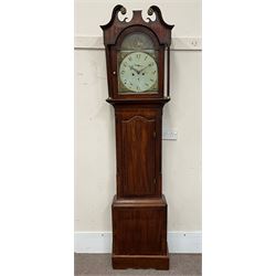 Early 19th century mahogany longcase clock, scroll moulded pediment over stepped arch glazed door with upright column pilaster inlaid with twist boxwood stringing, the dial painted with hunting and shipping scenes, eight day movement striking the hours on bell
