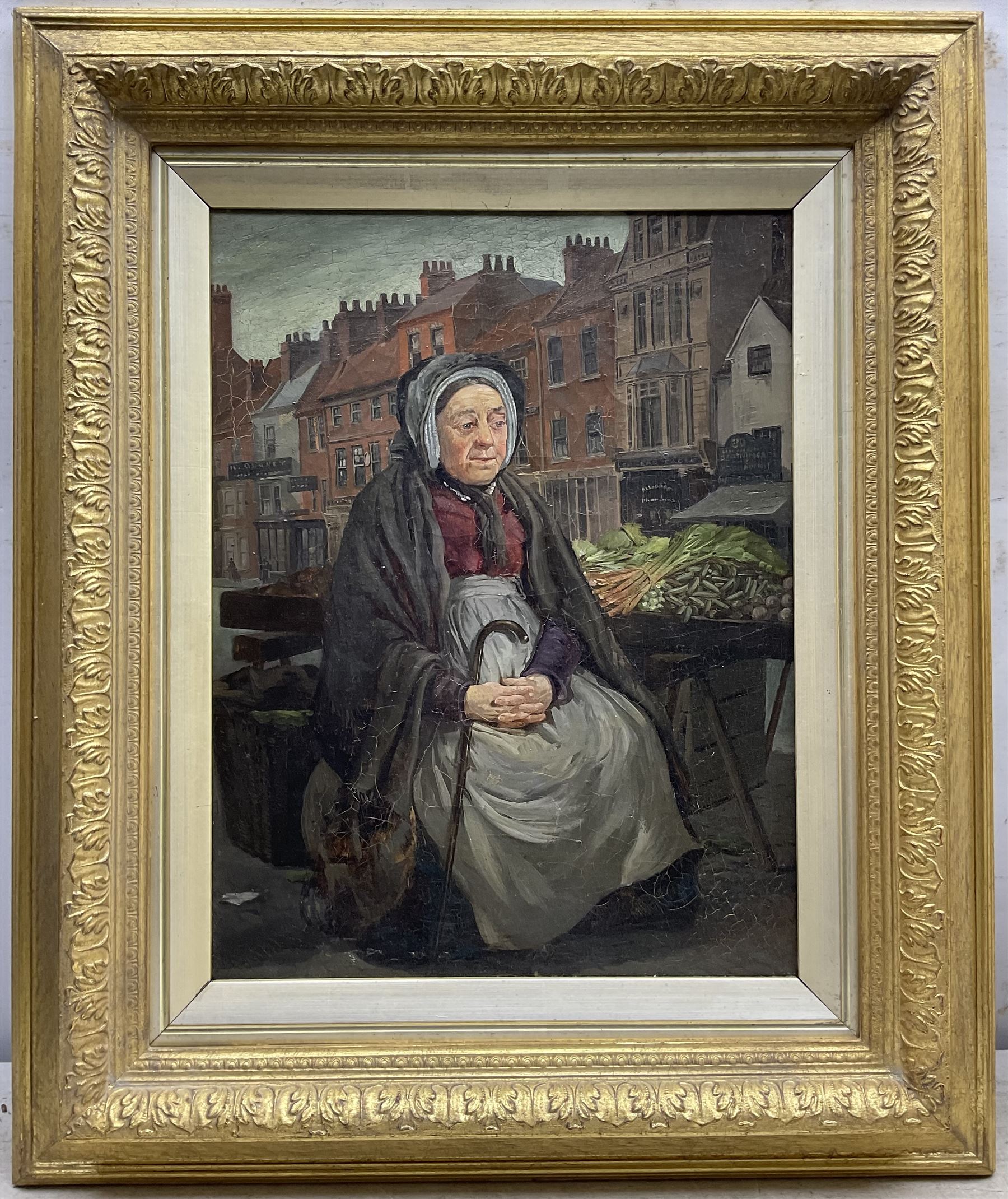 English School (19th century): 'The Vegetable Stall - Dovecot Street Stockton', oil on canvas unsigned, titled verso 44cm x 34cm