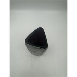 Austrian Art Nouveau Pallme-Konig vase, the tapering triangluar iridescent black glass body with irregular matt thread decoration, H26cm