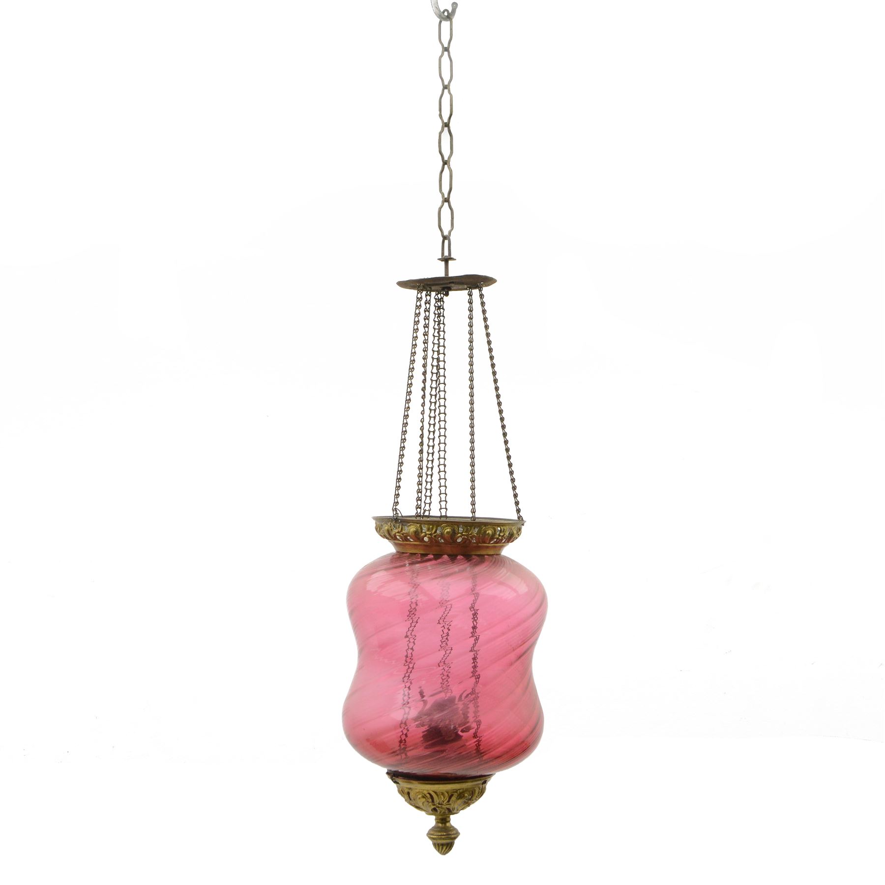 Cranberry glass ceiling oil lamp, of waisted form with metal mounts, 
