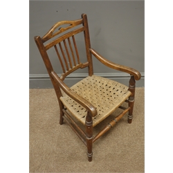  19th century elm country armchair, rushed seat, turned supports (W59cm, H99cm, D49cm), an elm rocking chair, ladder back, turned supports, and a child's beech chair  