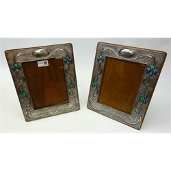  Pair of Art Nouveau silver and enamel on oak freestanding photograph frames by A & J Zimmerman Ltd Birmingham 1902/3, H29.5cm  