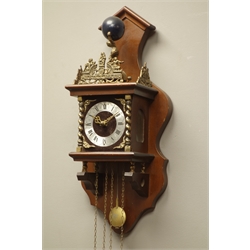  Dutch wall clock with pierced brass cresting on column supports, twin weight movement striking the half hours on a bell, H65cm and another similar H45cm (2)  