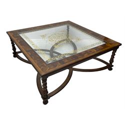 Jonathan Charles - large mahogany coffee table, the square oyster veneered top with verre églomisé inset, the glass hand-painted with gilt scrolling foliate patterns, raised on spiral turned supports with acanthus and gadroon carvings, united by interlocking demi-lune stretchers, on scrolled acanthus feet