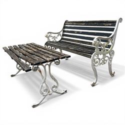 White painted cast iron slatted garden bench with 110cm wide rectangular coffee table