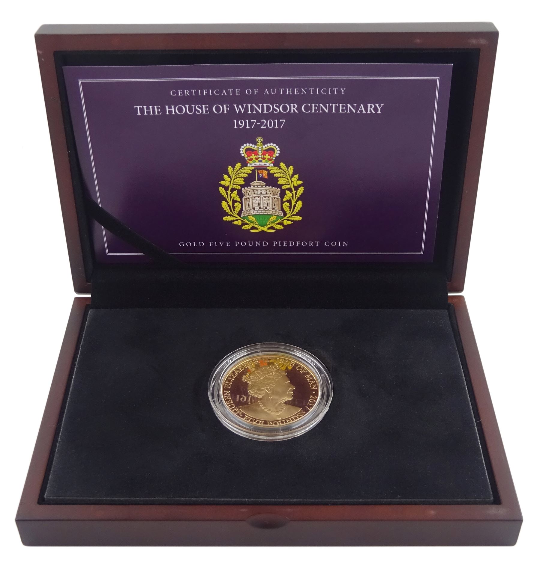 Queen Elizabeth II Isle of Man 2017 'The House of Windsor Centenary' 22ct gold five pound piedfort proof coin, cased  with certificate