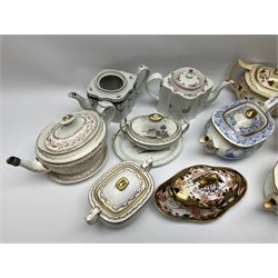 A group of 19th century teapots, to include New Hall Knitting pattern teapot, Sunderland lustre example, Miles Mason Willow pattern example, plus a bat printed twin handle sucrier, cover, and stand, probably Spode, a Spode Imari pattern sauce tureen, cover, and stand, etc. 