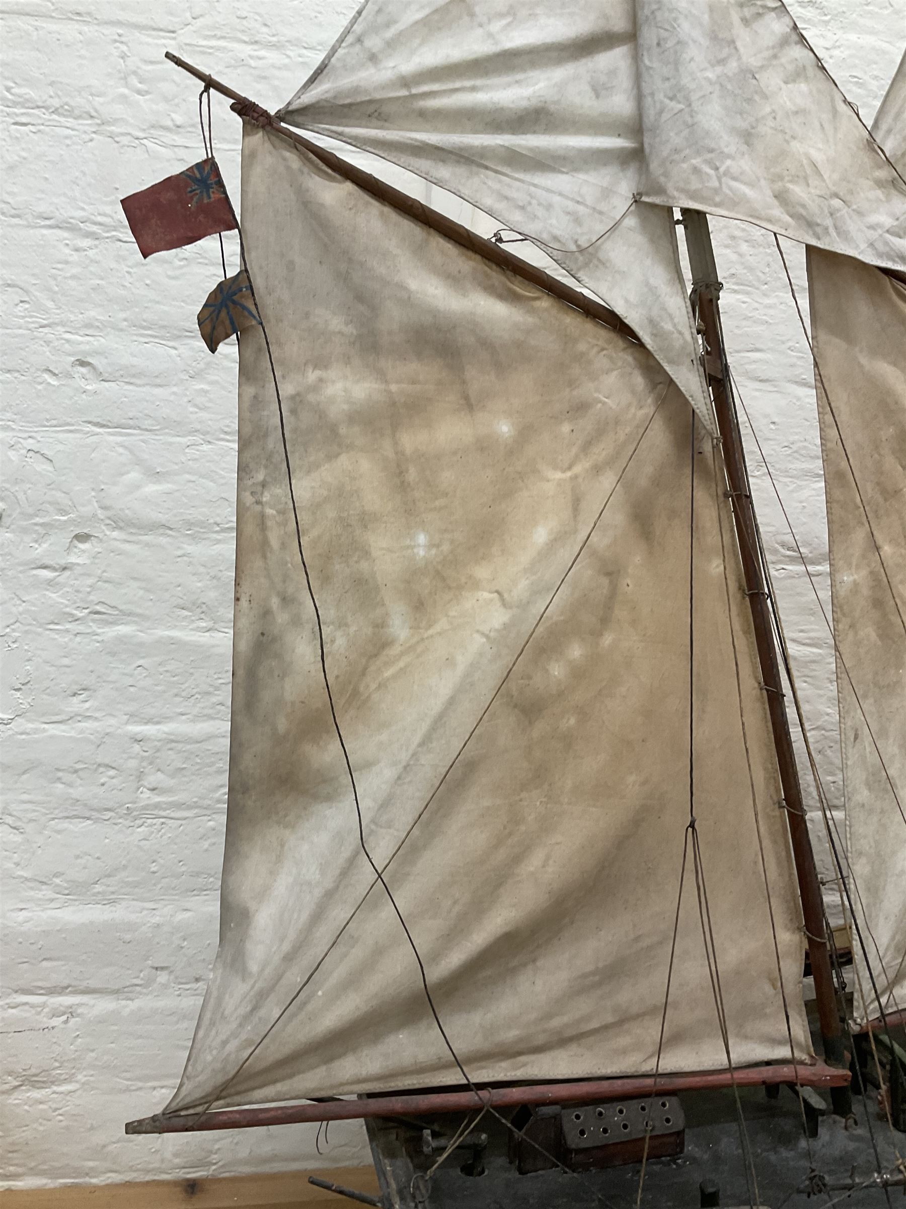 Late Victorian scratch built model of 18th century ship in full sail with the name Ann & Mary painted to the hull, upon a wooden stand, H128cm