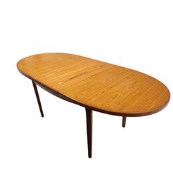 Mid-20th century teak oval extending dining table with set of six teak ladder back chairs with upholstered seats, table W150xD91xH74cm, 199cm extended, chairs W41xD43xH94cm