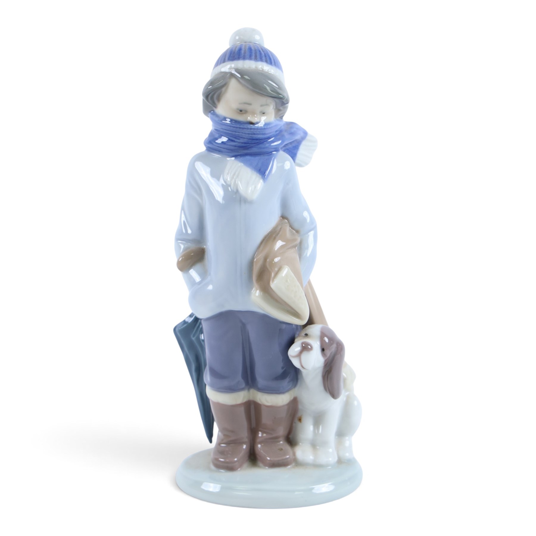 Lladro gres figure Boy on Bridge no.2237, together with Winter Boy no 5220 and a Nao figure