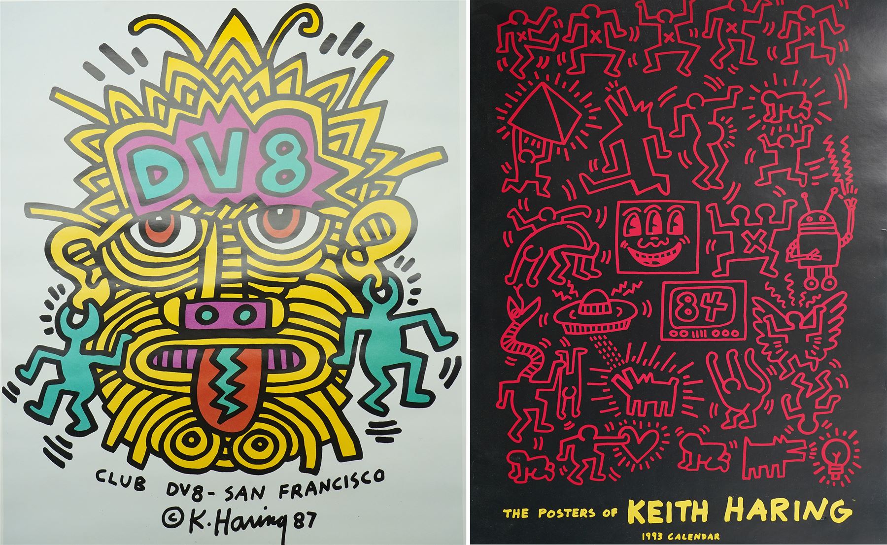 After Keith Haring (American 1958-1990): 'Club DV8 - San Francisco', colour print pub. c.1987, 49cm x 39cm; together with 'The Posters of Keith Haring 1993 Calendar' (2) (unframed)