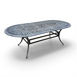 Painted aluminium rectangular garden table and five chairs, with loose seat cushions