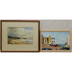 Don Micklethwaite (British 1936-): 'Omaha Beach Normandy', watercolour signed, titled and dated 2003 verso; David Kirby (British Contemporary): 'The Landing at Robin Hood's Bay', oil on board signed, titled and dated 2004 verso; Percy Hope (British 20th century): 'Staithes Beck', watercolour signed '99; Pauline Latham (British 20th century): Cottages on Hall Garth Lane West Ayton, watercolour signed, max 24cm x 43cm (4)