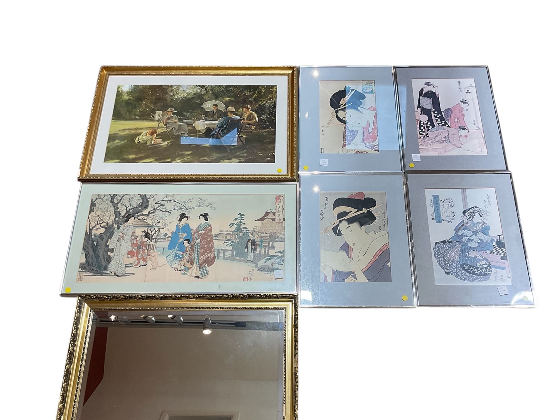 Yosai (Watanabe) Nobukazu (Japan 1872-1944): ‘The Sleeping Dragon Plum Tree At Kameido’, triptych woodblock print, together with four reproduction Japanese prints, another print, and a mirror (7)